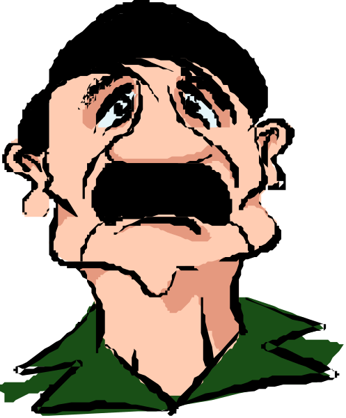 The image shows a cartoon of an older man with white hair looking distressed while wearing glasses; he's dressed in green clothing that resembles military attire from World War II era.