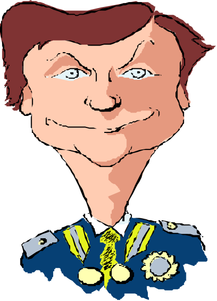 The image shows a caricature of an older man with white hair wearing glasses, dressed as a police officer complete with badge on his chest, standing in front of what appears to be a building labeled "POLICE STATION."