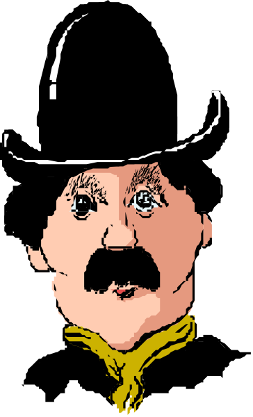 The image shows a black and white illustration of an old western man with mustache wearing cowboy hat sitting on horseback in frontier town background.