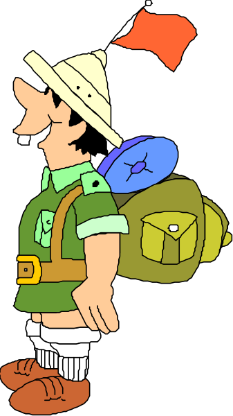 The cartoon depicts a man with an adventurous theme; he is wearing shorts, boots, suspenders, carrying a backpack filled with camping gear including food items like sandwiches, water bottle, and possibly other supplies for outdoor activities such as fishing or hiking equipment. He has on his head what appears to be a hat made of leaves, suggesting that it might have been found in nature during the adventure. The man is also wearing sunglasses with dark lenses which could indicate sunny weather conditions while he's outdoors exploring.