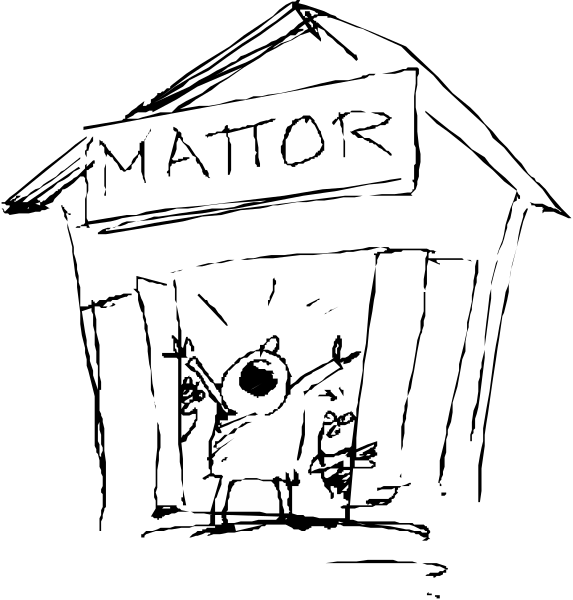 The black and white silhouette of a building with an open door at nighttime.