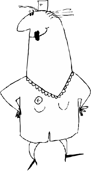The black and white cartoon shows a character with an exaggeratedly large head wearing glasses standing next to another smaller figure that appears to be in distress; both characters have speech bubbles containing text but it's too small for me to read accurately, so I can only describe their general appearance without the content of those texts.