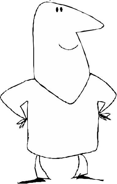 The black and white cartoon shows a character with arms outstretched standing against a dark background.