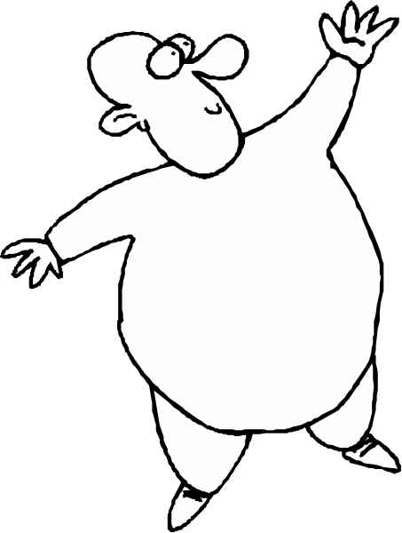 The black and white cartoon shows a man with his arms outstretched as if dancing; he is wearing pants but no shirt.