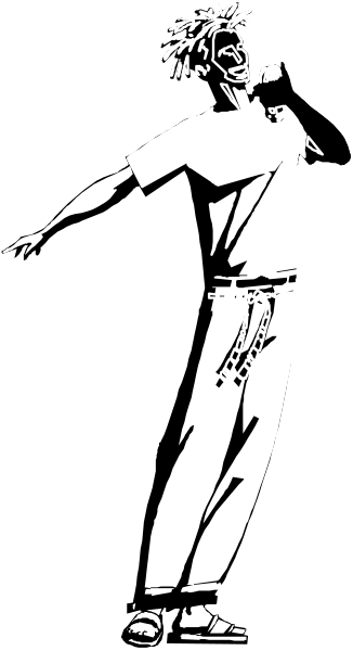 The black and white silhouette of a person dancing with their arms outstretched against a dark background.