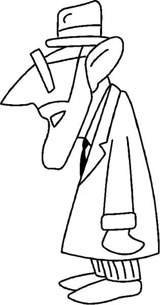 The black and white photo shows a person standing with their back to us against an open door frame, wearing what appears to be a hat that resembles a mushroom cap.