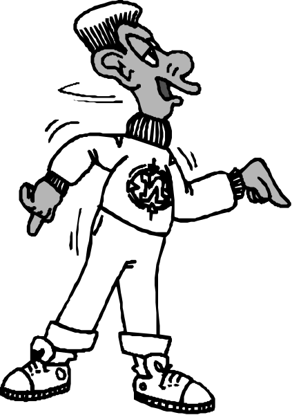 The black and white illustration features a cartoon character of an older man with exaggerated facial expressions standing on his tiptoes in mid-stride while pointing to something offstage. He is wearing a dark suit, light shirt, tie, pants, shoes, gloves, hat, sunglasses, and has a cane tucked under one arm. The background appears plain black without any distinguishable features or objects present.