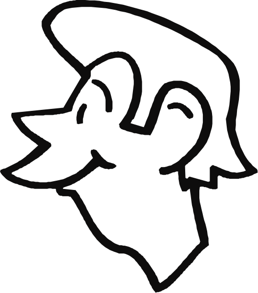 The image shows a black and white cartoon of an animated character with exaggerated facial features such as large eyes and eyebrows, smiling broadly at something off-camera to its right side.