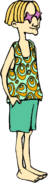 The image shows a cartoon of an adult woman standing next to another figure that appears to be smaller than her; she is wearing sunglasses with star patterns on them, has short hair, and wears a sleeveless top adorned with swirls or waves in shades of blue.
