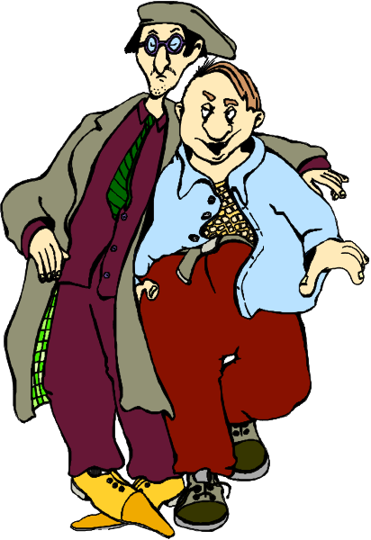 The illustration shows two animated characters standing close to each other; a man wearing glasses is on his left side with an exaggeratedly large nose, while another character appears thinner than usual in comparison. They both wear colorful clothing and seem to be engaged in conversation or interaction of some sort.