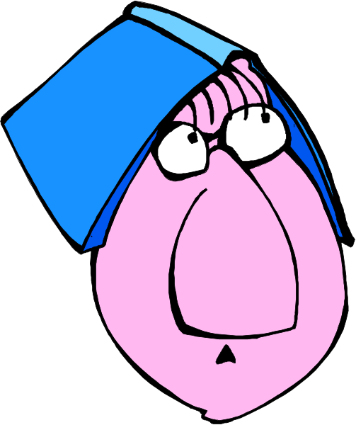 The image shows a cartoon of an anthropomorphic head with blue hair wearing glasses on top of its forehead, which is unusual for human heads but common in this type of illustration.