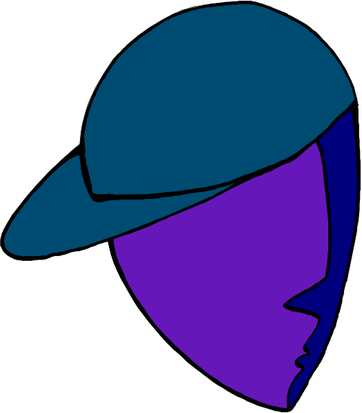 The image shows a stylized purple silhouette of an adult male wearing a baseball cap with his face obscured by it; he is depicted in profile view against a white background.