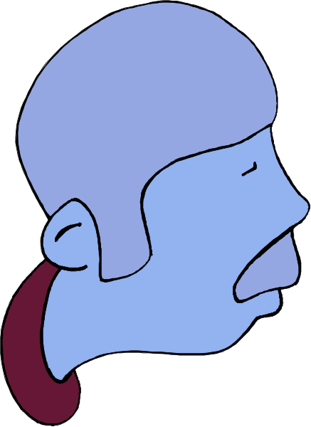 The image shows a cartoon of an adult male with blue skin wearing glasses, depicted from behind his head to just above mid-thigh level against a white background.