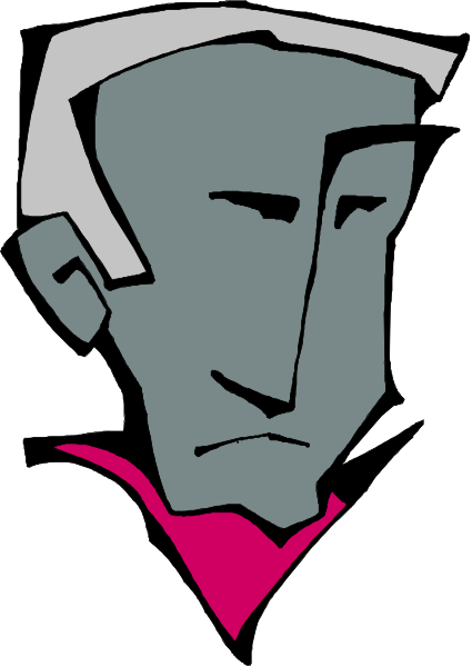The image shows a black and white illustration of an abstract face with stylized features such as eyes, nose, mouth, hair, and clothing details like collar and tie.