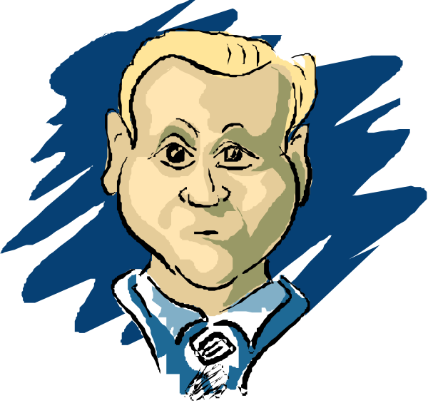 The drawing shows a man with glasses looking to his right side of an illustration that is blue on top half and black below it; he has short hair and appears surprised or puzzled by something off-frame, as indicated by his facial expression.