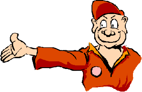The cartoon features a man with his arms outstretched against an orange background; he is wearing red shorts and has black hair.