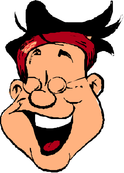 The image shows a cartoon of an older man with glasses who appears to be laughing heartily while standing outdoors during daylight hours.