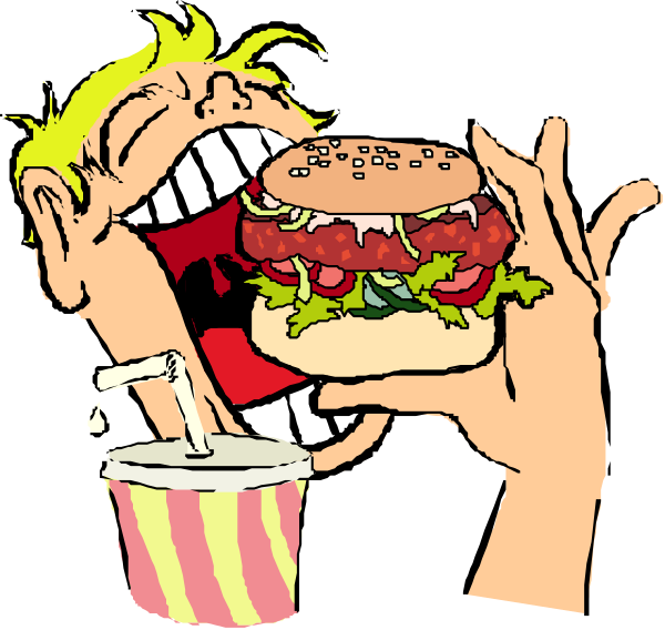 The image shows a cartoon of two hands holding up an oversized hamburger with lettuce topped buns towards their mouths while one hand is also eating from another burger in front of them, and there's strawberry soda on top right corner.
