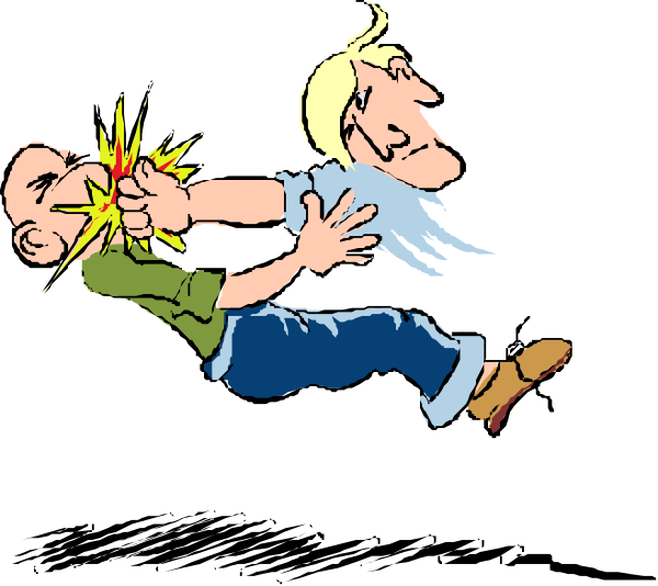 The black and white cartoon shows three characters: a man on left with his fist raised towards another character who is being hit by him; in between them stands an animated figure that appears to be reacting strongly, possibly from pain or surprise.