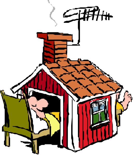 The cartoon shows a whimsical scene where an anthropomorphic dog is sitting inside a small red house with shingles on its roof while holding up one paw as if waving to someone outside, who appears surprised by this unusual sight.