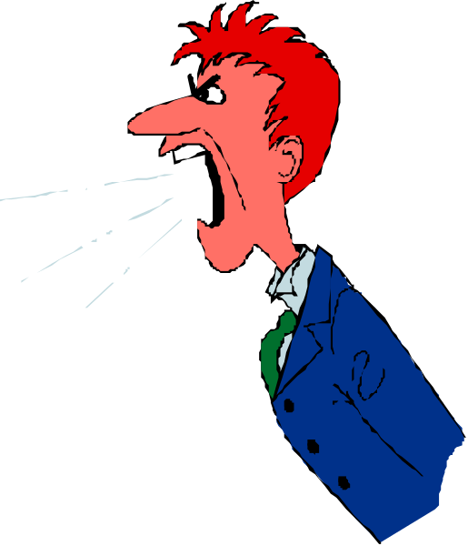The cartoon shows a man with red hair who appears to be shouting into an open window while wearing glasses; he is dressed in blue clothing including a jacket and tie.
