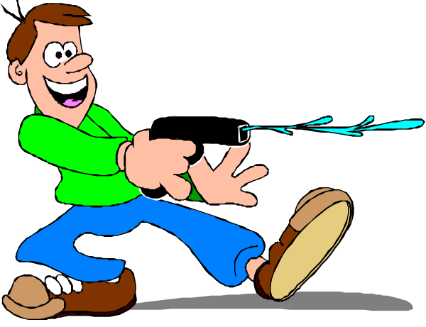 The cartoon shows two animated characters: a man with blue hair who appears to be shooting at another character while running away from him; both have exaggerated facial expressions of surprise on their faces as if caught in an unexpected situation, and there is no text present within this image.
