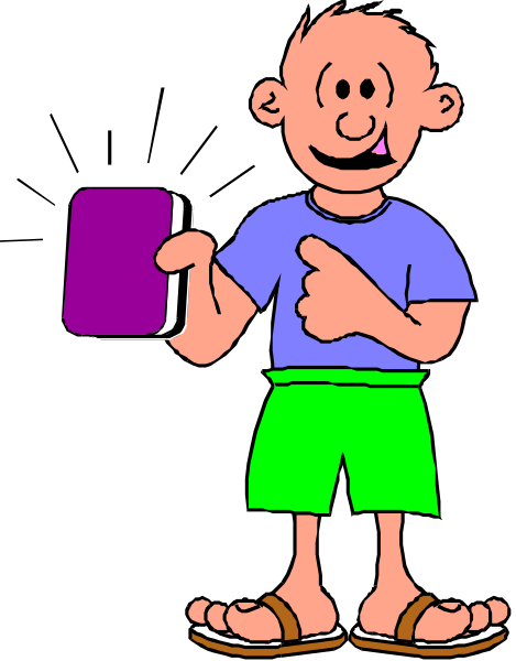 The cartoon shows a boy holding an open book with his left hand while pointing to it with his right index finger; he is wearing shorts and flip-flops.