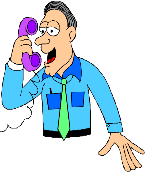 The cartoon shows a man talking on his cell phone while standing up with both hands holding it to his ear; he is wearing glasses, has short hair, wears blue pants, white shirt, green tie, and black shoes.