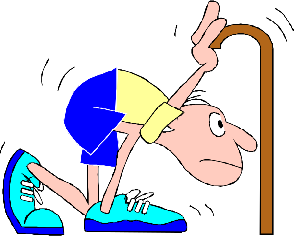 The cartoon shows a man leaning forward with his hands on knees as if he's about to run; behind him is an elderly person in profile holding onto their cane for support while looking down at something off-screen, and next to them stands another figure that appears to be bending over or possibly falling.