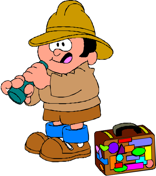 The cartoon depicts a character wearing an explorer's hat holding binoculars to his eyes while standing next to luggage with various items on top of it.