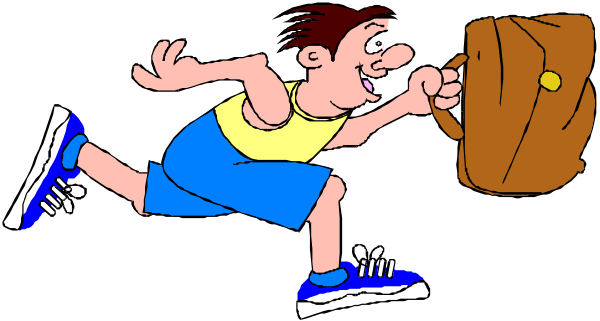 The cartoon shows a man running with an open briefcase behind him on his back; he is wearing shorts and sneakers while looking to one side as if in motion.
