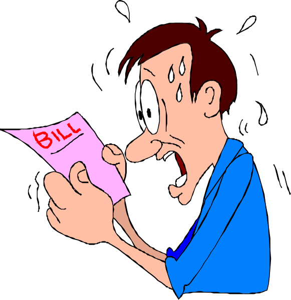 The cartoon shows a man with an exaggerated expression of surprise holding up his hands as if he's just read something shocking on a piece of paper that says "BILL".