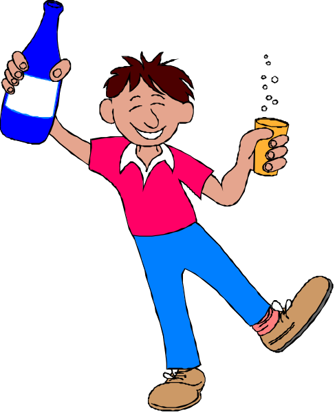 The cartoon shows a man holding up his right hand with an index finger pointing upward while he is standing on what appears to be one leg in mid-air; behind him there's another figure who seems to have fallen over, and both characters appear intoxicated as they are surrounded by beer bottles.