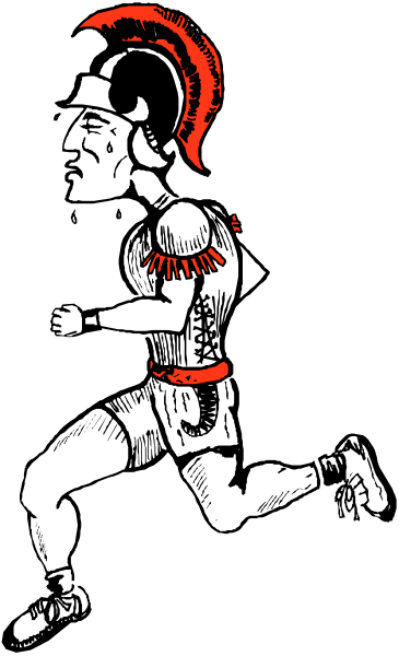 The black and white illustration shows a person running with an arm raised as if throwing something behind them while another figure is depicted in front of them wearing what appears to be ancient Roman attire including armor and helmet, suggesting action from historical times possibly related to sports or warfare.
