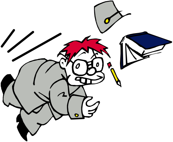 The black and white cartoon shows a man with glasses lying on his stomach next to an open book; above him is another figure that appears to be falling from a high place onto him while holding what looks like a paper airplane, creating chaos in their wake as objects fly around them.