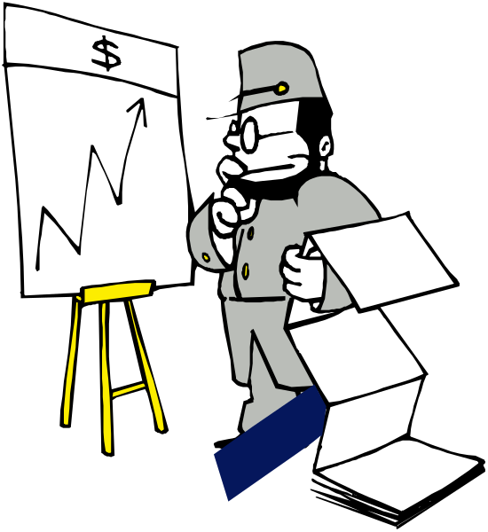 The cartoon depicts a man standing next to an easel with paperwork on it; he is gesturing towards a chart that shows financial data such as income statements and balance sheets while holding boxes labeled "profit" in his hands, suggesting he's presenting or explaining something related to finance or business.