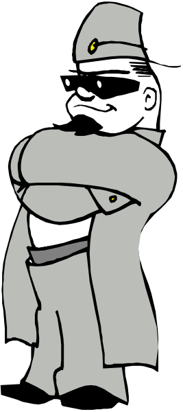 The black and white illustration features a man dressed as an officer standing with his arms crossed inside what appears to be a jail cell door frame.
