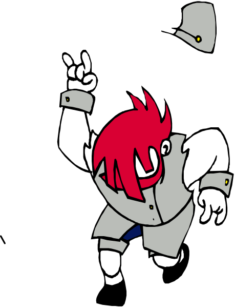 The image shows a cartoon character with red hair wearing glasses standing next to an open umbrella on what appears to be a rainy day in front of a building that has a sign saying "Bakery."