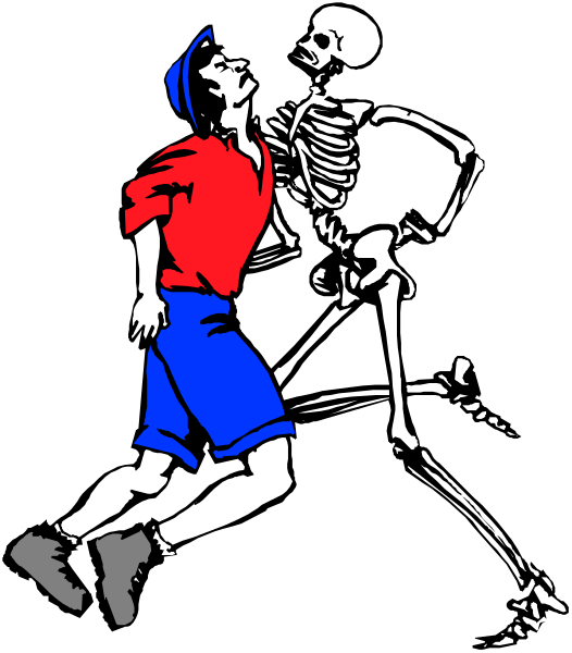 The black and white illustration shows a skeleton riding on top of another skeleton's back while holding onto its head with one hand; both skeletons appear to be in motion as if running through an open space, possibly dancing together under some sort of archway or tunnel entrance that is not fully visible.