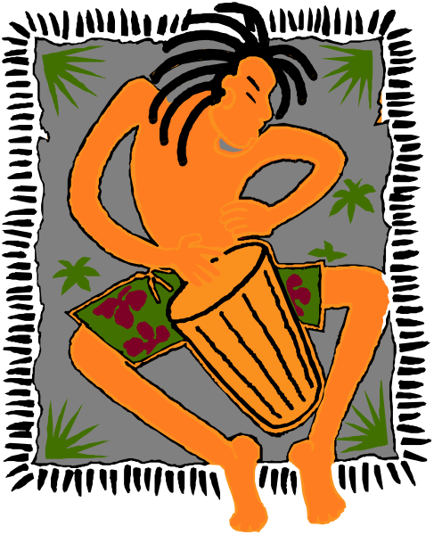 The image shows a cartoon of an orange figure playing a drum with its hands while sitting on what appears to be grass in front of a tropical backdrop featuring palm trees and hibiscus flowers; there is also a small, stylized depiction of another person's face at the top left corner.