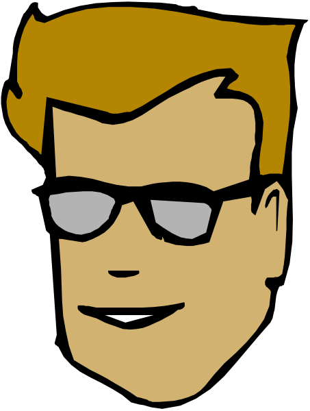 The image shows a cartoon of an animated character wearing glasses with sunglasses on top, smiling at something off-camera.
