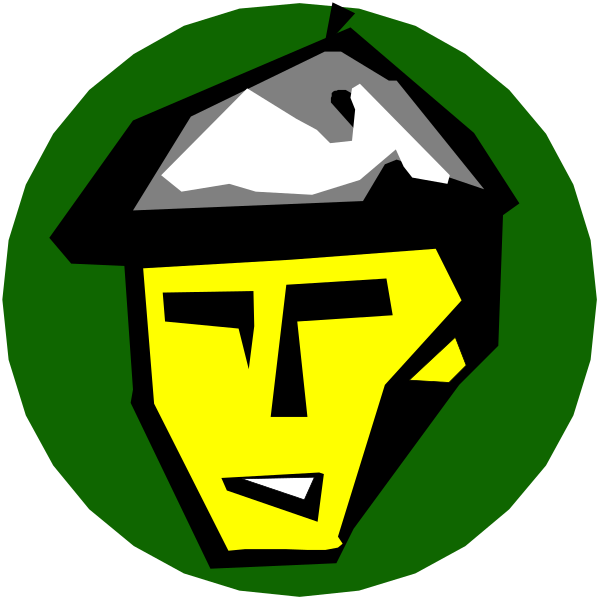 The image shows two stylized portraits of a person with facial features simplified to geometric shapes against different backgrounds: one is greenish-blue while the other has an orange hue.