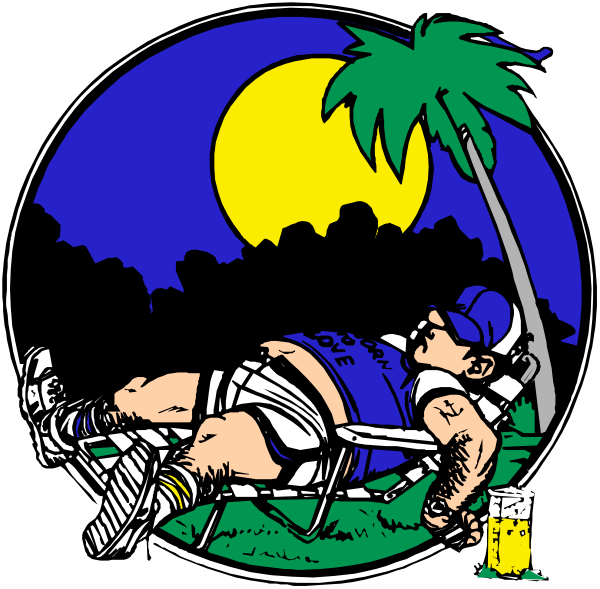 The illustration depicts a man lying on his stomach with an arm behind him as if he's asleep under palm trees at nighttime near a beach scene in front of which is another image showing someone sitting down, possibly watching television while holding what appears to be a remote control or game controller and wearing headphones.