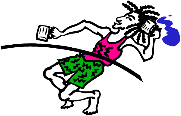 The black and white illustration shows a person sitting on an object with their legs crossed over it while holding what appears to be two cups of coffee in each hand; there is no text present within this image.