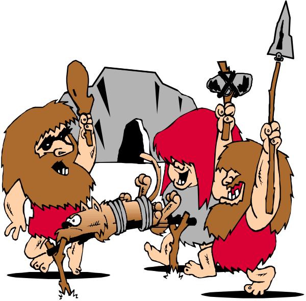 The cartoon depicts a group of cavemen with exaggerated features such as large teeth and eyes; some have clubs in their hands while others appear to be shouting or cheering. They're gathered around what looks like an ancient monument, possibly ruins from prehistoric times.