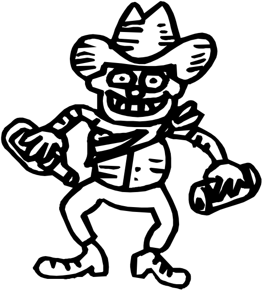 The black and white silhouette of a cartoonish cowboy character holding an object that resembles dynamite in his hand while standing on one leg with another foot raised as if dancing.