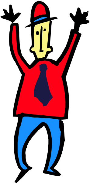 The image shows a cartoon of an animated character who appears to be celebrating with arms raised above their head while standing on one leg in front of what looks like a red background that could represent water due to its color and shape, but it's not clear if there is any specific setting or action taking place.