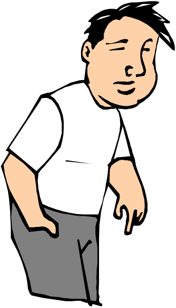 The cartoon shows a man standing with his hands on hips against a dark background; he is wearing white pants and has black hair.