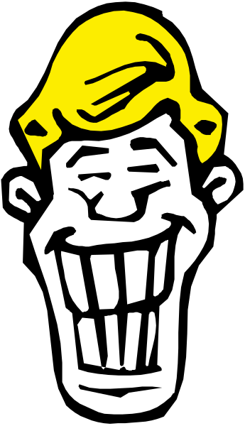 The black and white cartoon shows a man with exaggerated facial features such as large eyes and teeth, wearing an oversized yellow hat on his head while smiling broadly at something off-camera.