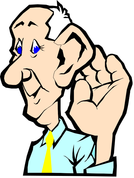 The image shows a cartoon of an elderly man with gray hair wearing glasses, holding his hand to his ear as if listening intently. He is dressed in a blue shirt under which he wears a yellow tie and has on white pants.